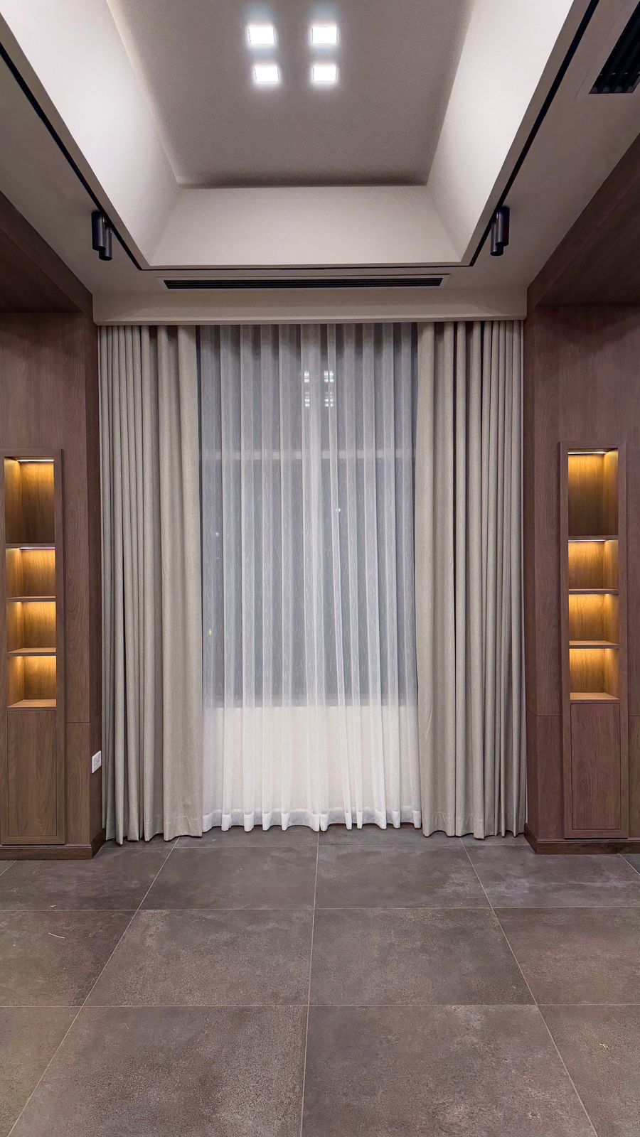Luxury interior design showcase with elegant ceiling curtains